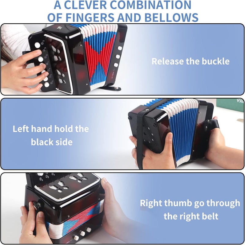 LOTKEY 7 Key Kids Accordion, 3 Bass Mini Accordion Instrument, Lightweight and Durable Portable Design for Students, Children, Beginners to Practice (Black) - Image 2